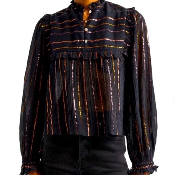 Farm Rio Ruffle Blouse Metallic Stripe Long‎ Sleeve Top Black Size M NEW